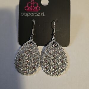 Paparazzi Silver Teardrop Filigree Earrings with Pink Stones